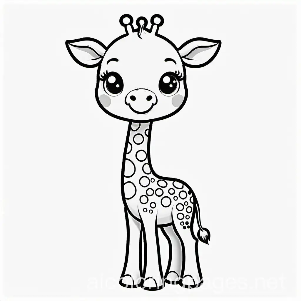 cute baby giraffe, Coloring Page, black and white, line art, white background, Simplicity, Ample White Space. The background of the coloring page is plain white to make it easy for young children to color within the lines. The outlines of all the subjects are easy to distinguish, making it simple for kids to color without too much difficulty