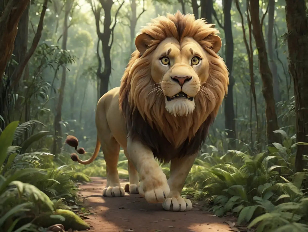 a wide-angle view of a lion walking in a dense forest., 3d disney inspire