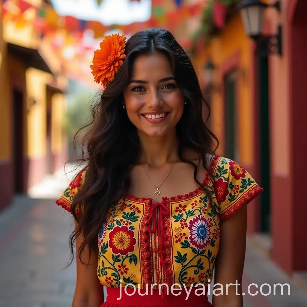 Mexican-Woman-in-Traditional-Embroidered-Blouse-with-Marigold-Flowers-Against-Festive-Backdrop