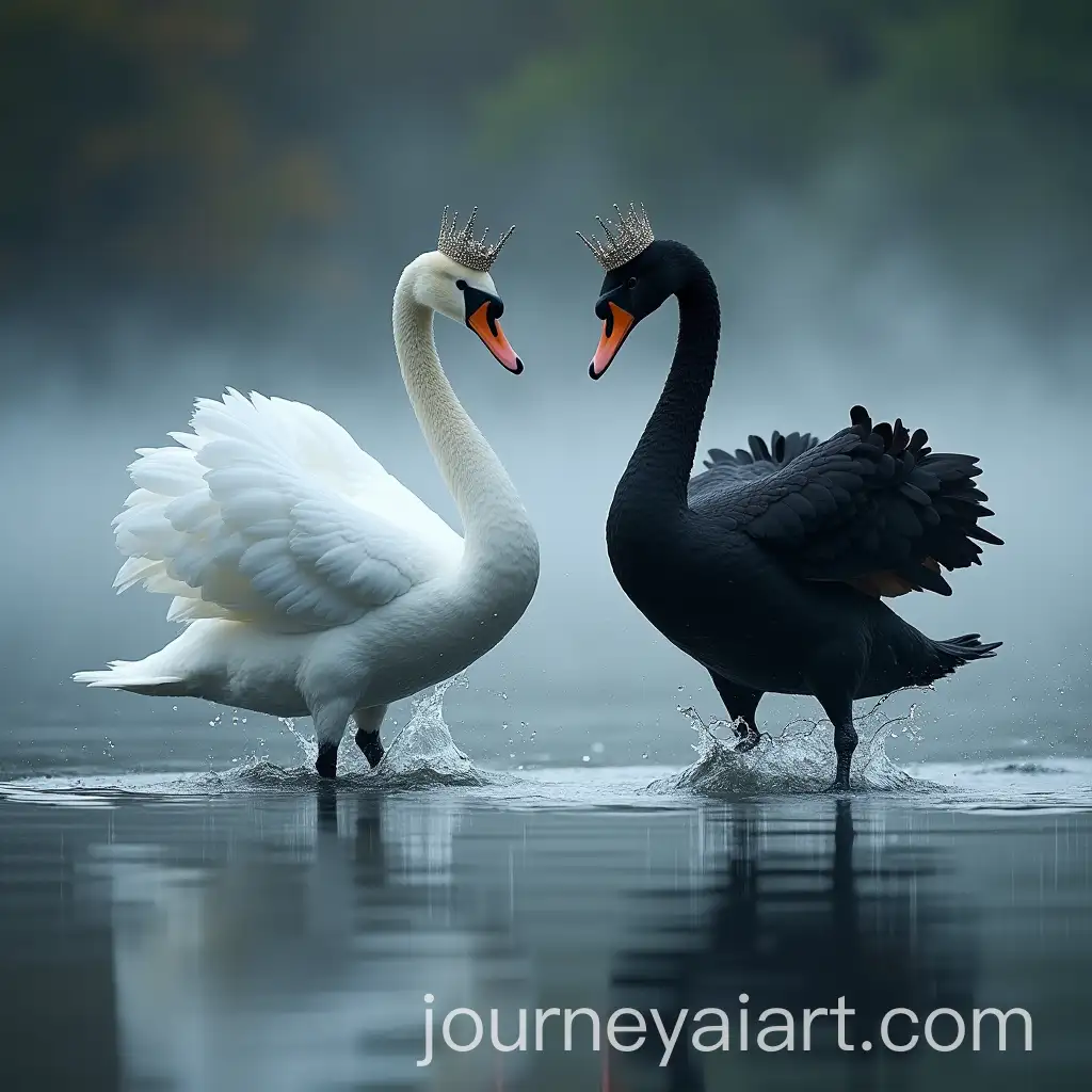 Graceful-Swans-Dancing-on-a-Misty-Lake-with-Diamond-Crowns