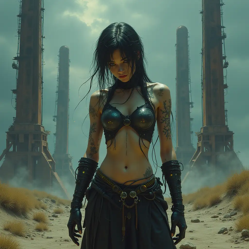 A highly detailed, digital painting of a cybernetically enhanced, androgynous figure in a post-apocalyptic wasteland. The figure is adorned with bioluminescent tattoos and implants, and their clothing is a mix of tattered remnants and advanced, synthetic materials. The background is a desolate, barren landscape with towering, rusted skyscrapers and a stormy sky. Dramatic lighting, cinematic composition, 8k resolution. Art by both Alphonse Mucha and Simon Stålenhag.