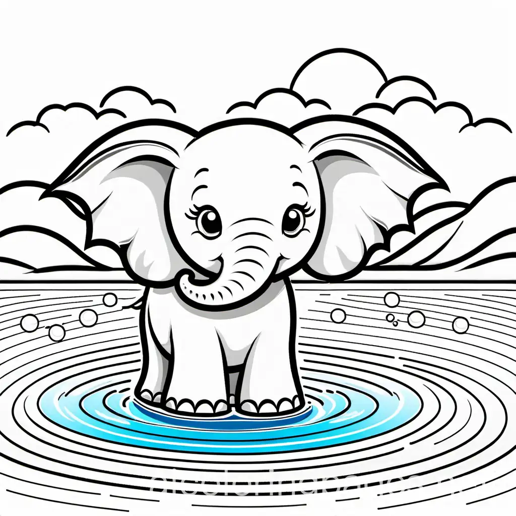 Elephant playing on water, Coloring Page, black and white, line art, white background, Simplicity, Ample White Space. The background of the coloring page is plain white to make it easy for young children to color within the lines. The outlines of all the subjects are easy to distinguish, making it simple for kids to color without too much difficulty
