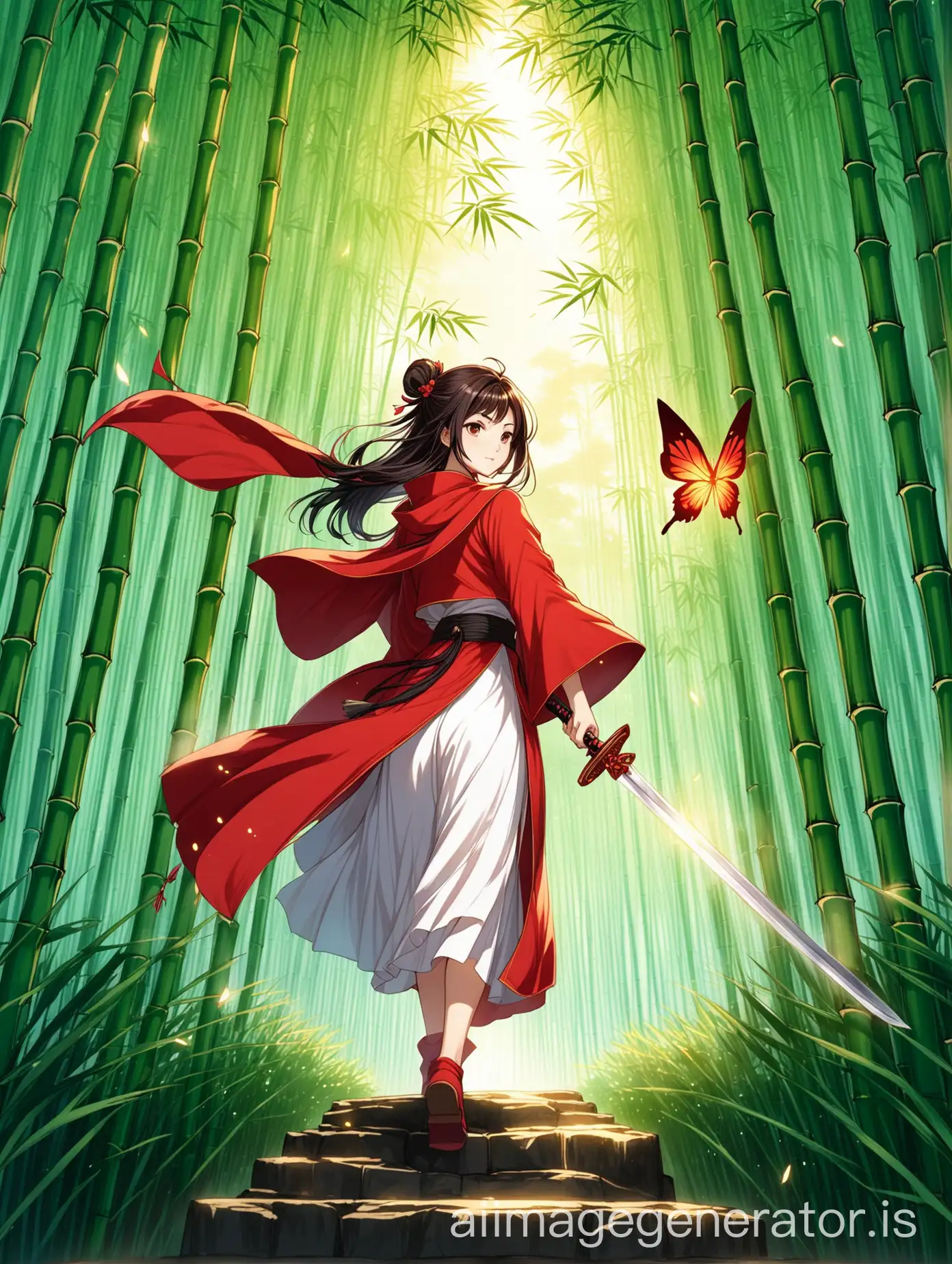 Wuxia style anime of a girl in red cloak holding a sword in a bamboo forest, with a glowing red butterfly flying