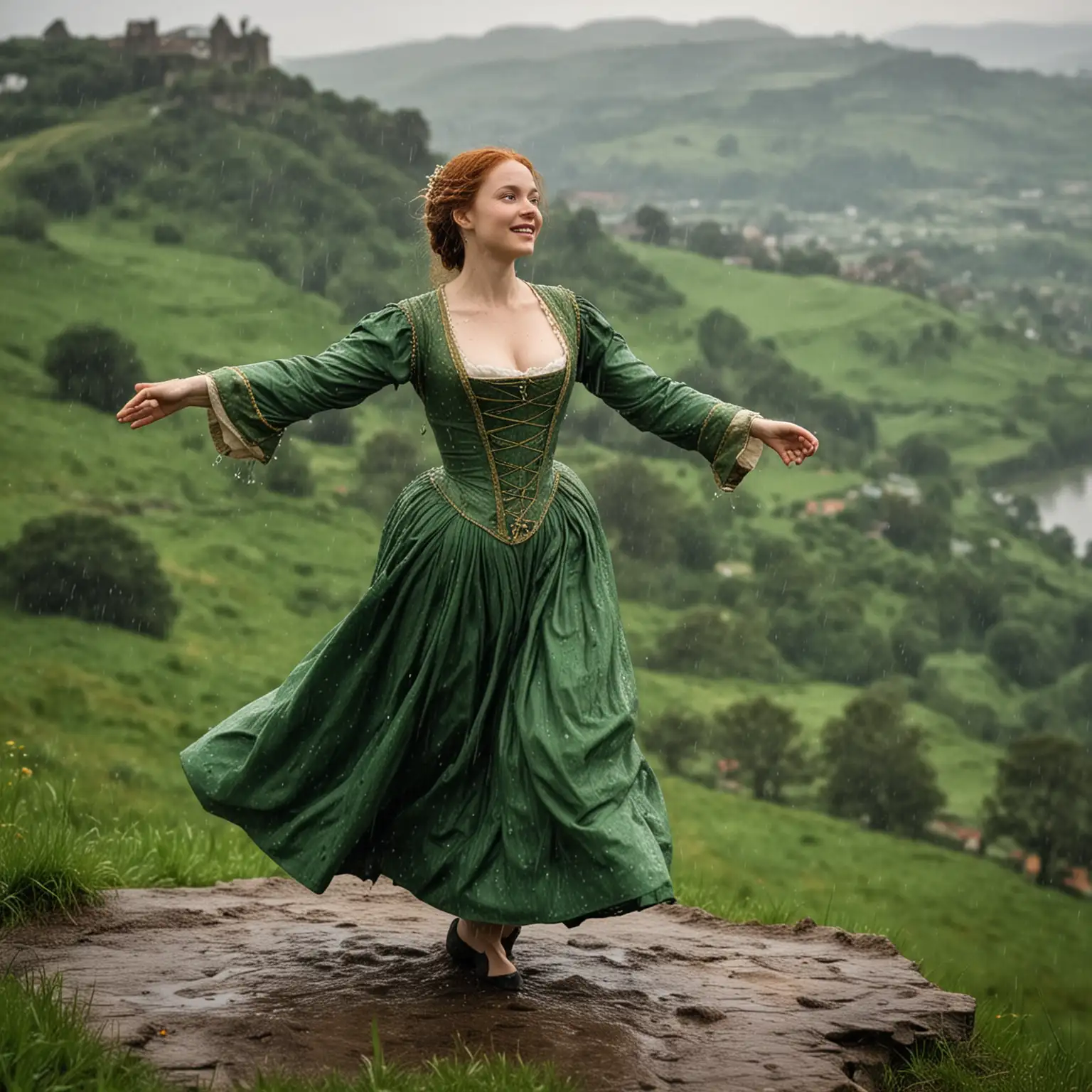 16th Century Lady Dancing in a Green Dress in the Rain on a Hilltop with Valley View