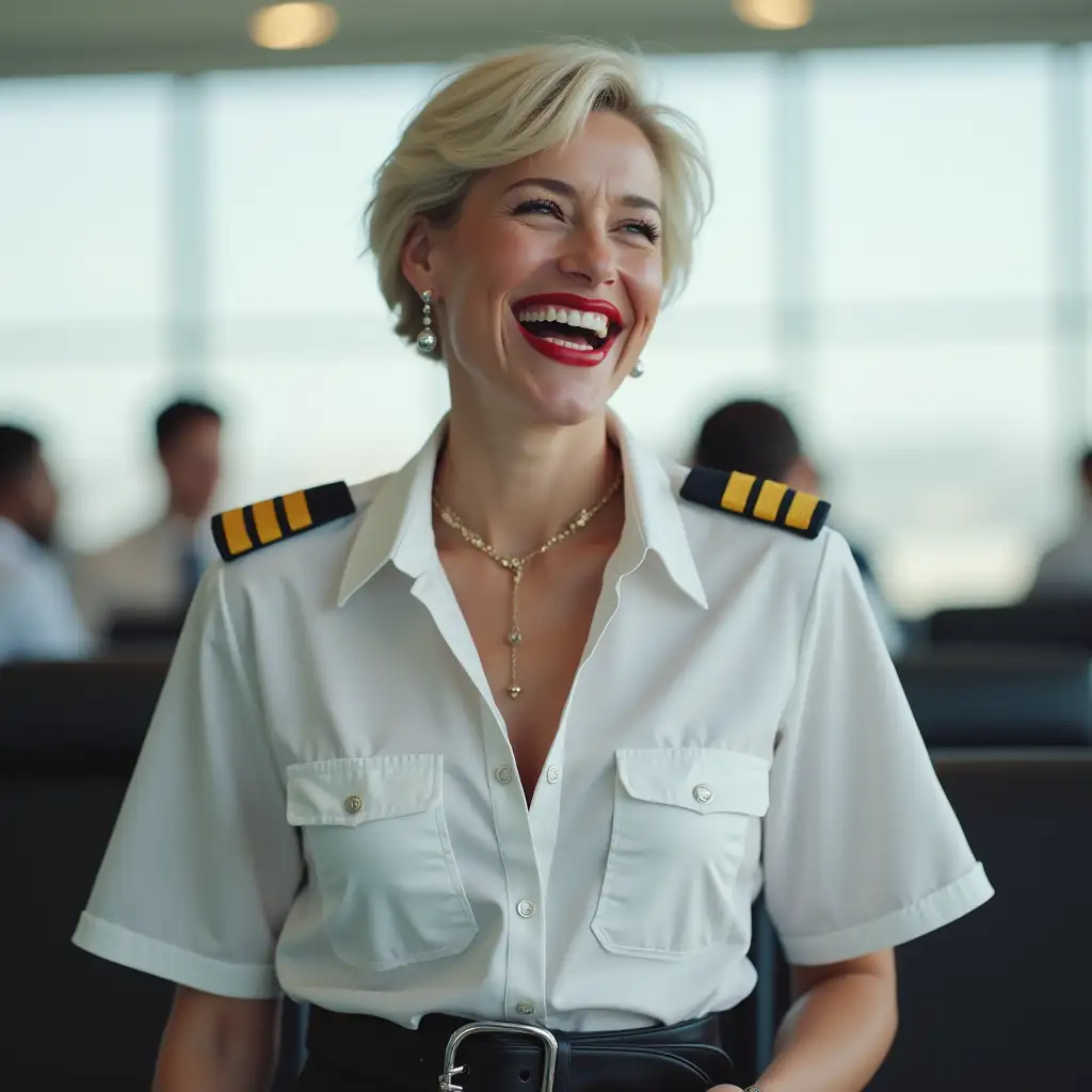 white norvegian pilot lady, in white deep-necked pilot shirt, laughing with her mouth open, red lipstick accentuating her smile,belt on waist, big wide hips, chest are fully grown, jewerly, short hair, HD, enjoying at airport , photo-realism