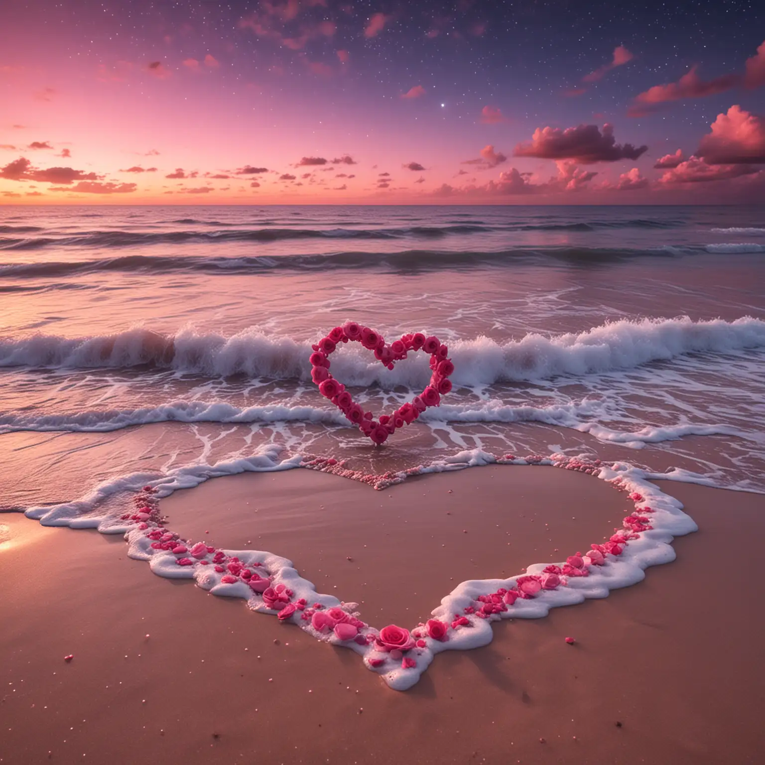 Romantic-Pink-Beach-Night-Scene-with-HeartShaped-Water-Droplets