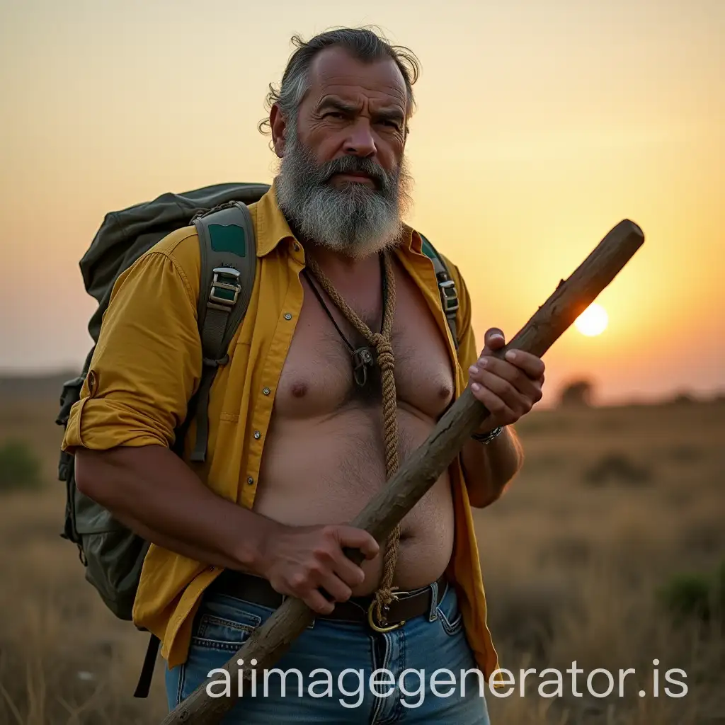 Stout-Man-in-Work-Attire-Holding-a-Knotted-Stick-at-Sunset