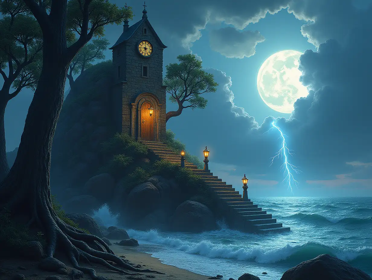 Creating a digital painting a hand with a building made of stones and lighting. Trees with roots and rocks and lantern far below is the sea, with a large clock. A big tower, sky, lanterns and and the sun shines through the clouds, from the sea is a stairway to heaven Very big waves and lightning