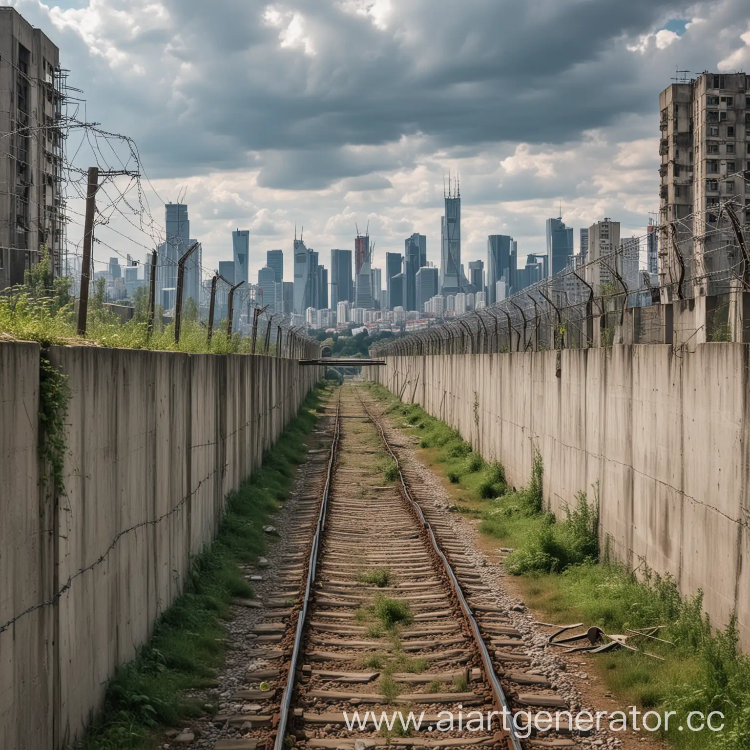 Cityscape-Behind-Concrete-Wall-and-Barbed-Wire-with-Railway-Tracks