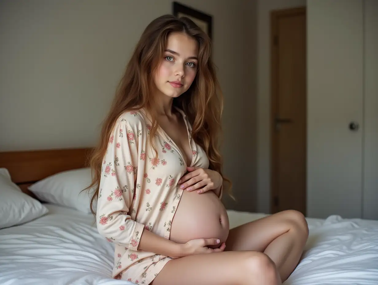 A young European girl, very long brown hair, very pale skin, in pajamas, pregnant, on her bed