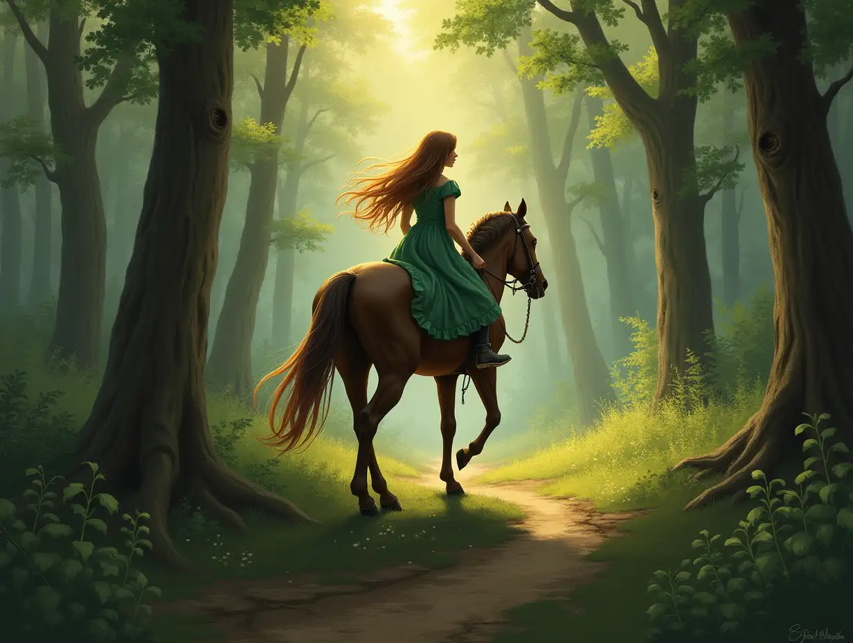 A fair-haired girl in a green dress rides a horse through the forest