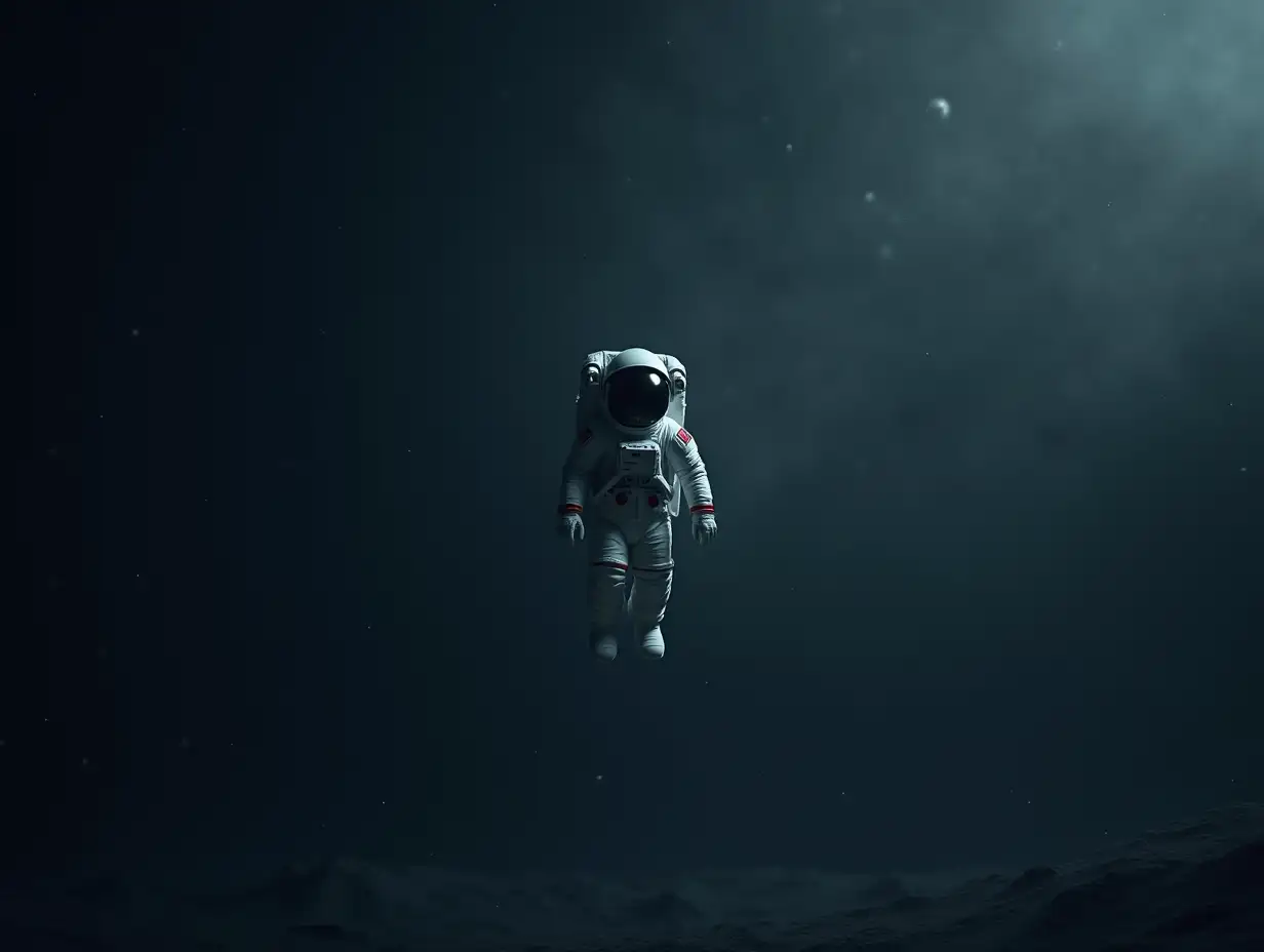 a spaceman floating in the empty and dark space, surrounded by emptiness, loneliness 