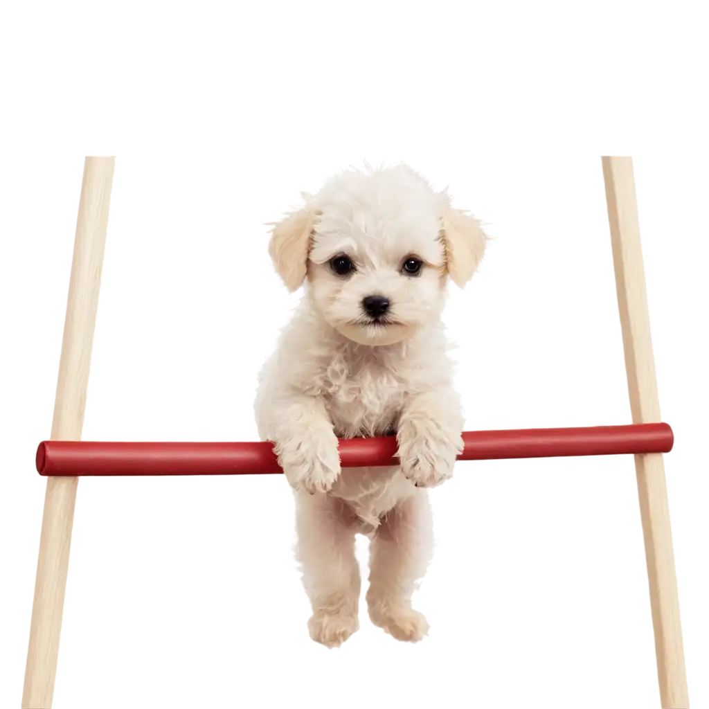 White maltipoo puppy on a gymnastics bar during the Olympics. The audience is a variety of other dog breeds.