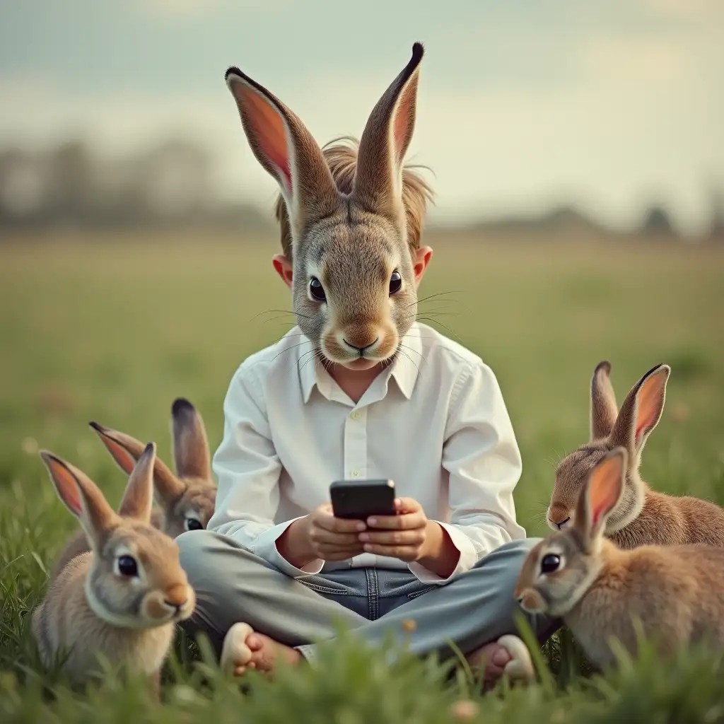 A boy dressed in white shirt, wearing mask of a rabbit on his face is sitting on the grass and looking down at his phone. There are a lot of rabbits around him. The whole picture has soft core, cottage core and retro vibe.