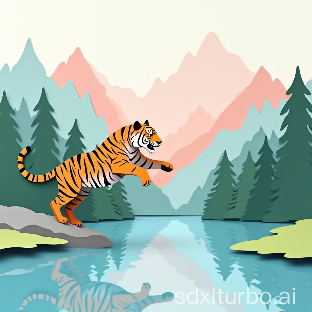 Tiger-Leaping-into-Mountain-Lake-in-Pastel-Colors