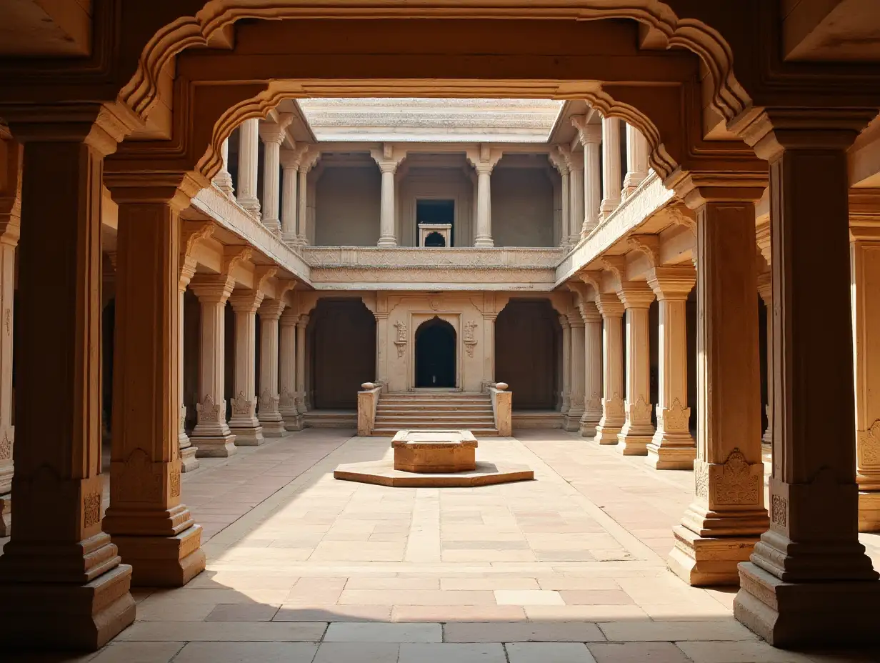 Ancient Indian palace background, with stairs, pillars, corridors