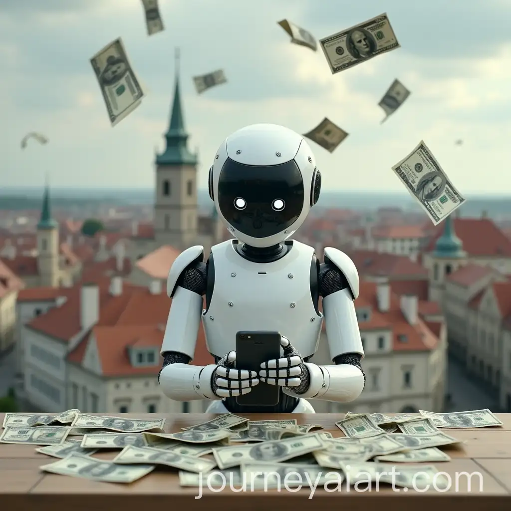 Humanoid-Robot-Enjoying-Czech-Republic-Scenery-with-Falling-US-Dollars