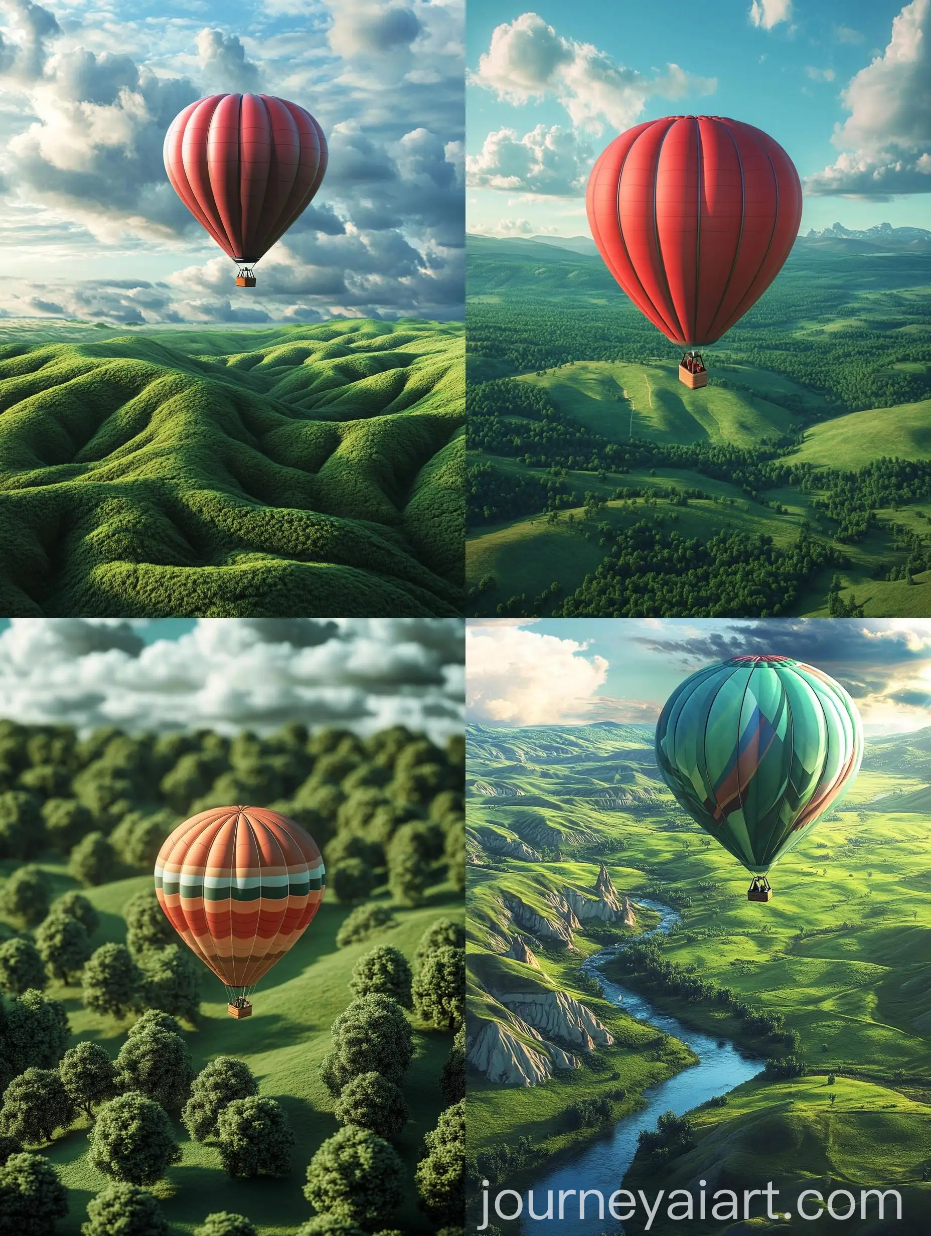 Colorful-Hot-Air-Balloon-Floating-Over-Lush-Green-Landscape