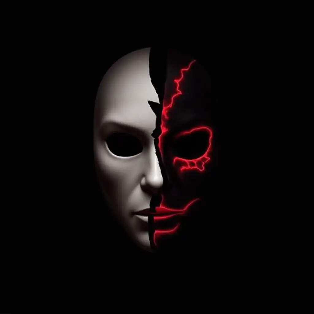 A minimalist horror logo featuring a half-face mask, cracked in the middle. One side looks normal, while the other is distorted with jagged edges and glitch effects. The cracks glow faintly in deep red, enhancing the unsettling effect. The background is pitch black for contrast.