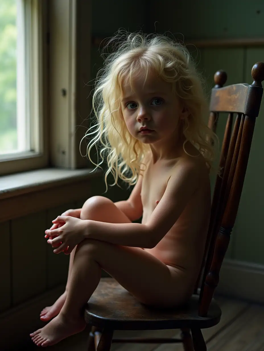 Very slender little girl. Tangled wavy blonde hair. Shiny skin. No shirt. Sitting in a rocking chair by a window in an old house. Very skinny legs and bare feet visible.