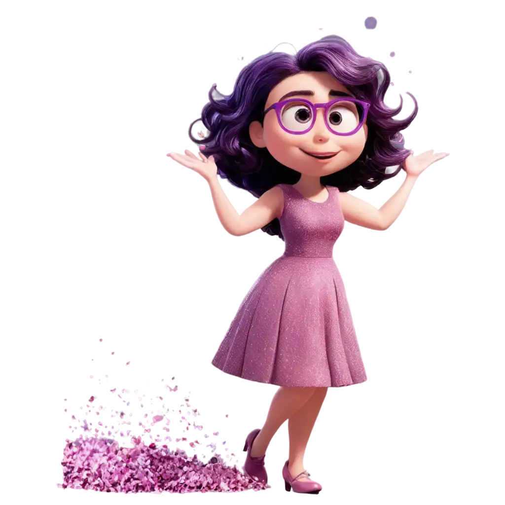 A picture of a Pixar-style character from the movie ‘Inside Out’. A character in pink with curly long hair also in pink with glitter, wearing a purple dress with glitter and pink heels. This character represents the feeling of greed, of a superior and haughty person. She has a pink purse with money inside. With a smile of arrogance