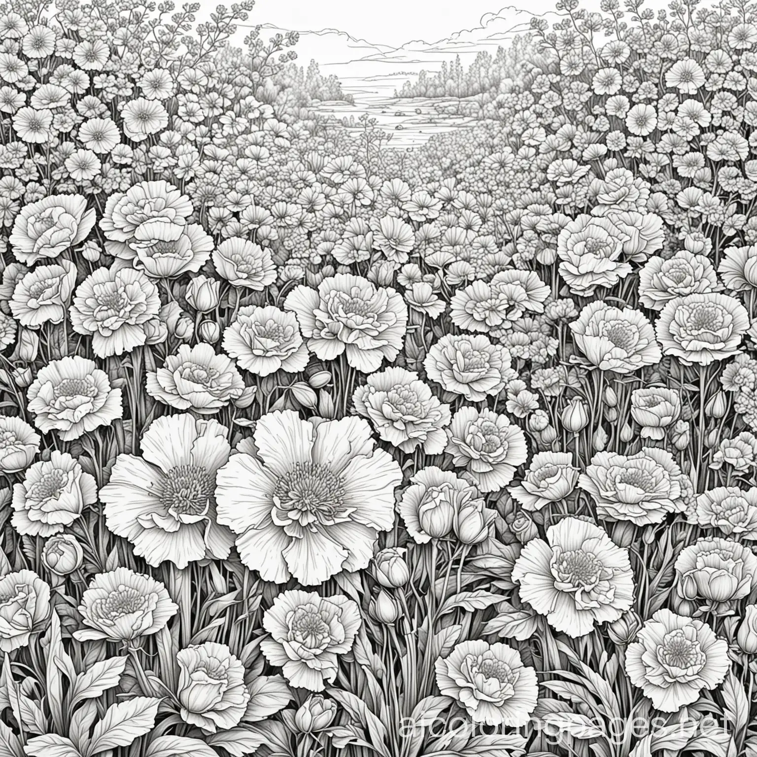 Coloring-Page-Garden-with-Carnations-and-Roses