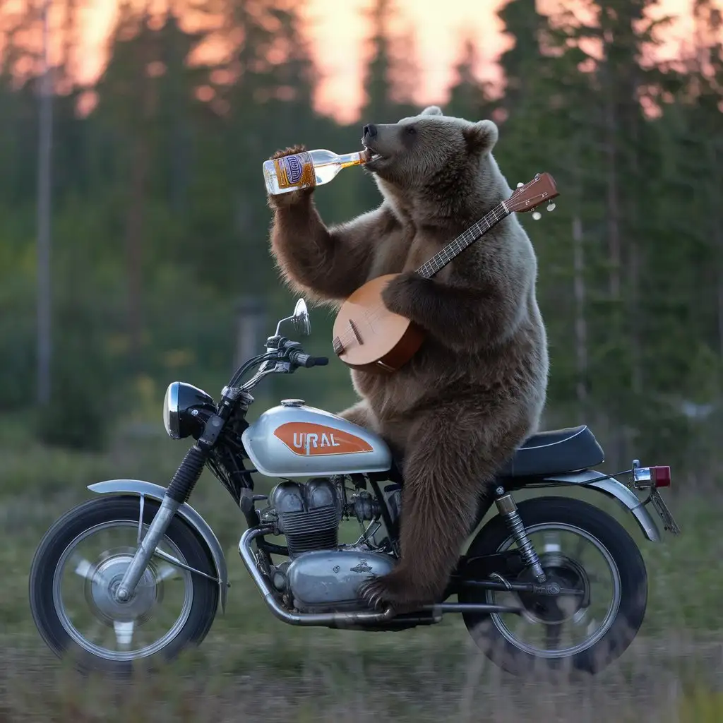 Bear-Riding-Soviet-Ural-Bicycle-in-Siberian-Taiga-Playing-Balalaika-and-Drinking-Vodka-at-Sunset