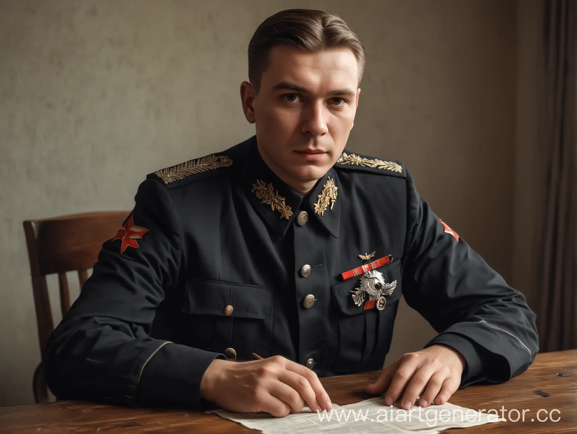 Soviet-Officer-in-Black-Uniform-Sitting-at-Table