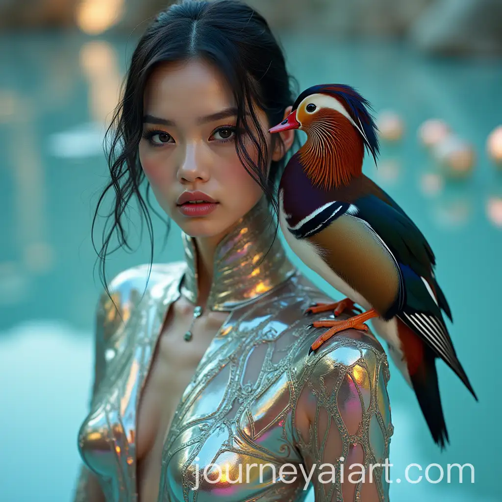 HighFashion-Androgynous-Model-with-Metallic-Dress-and-Mandarin-Duck-in-Dreamlike-Setting