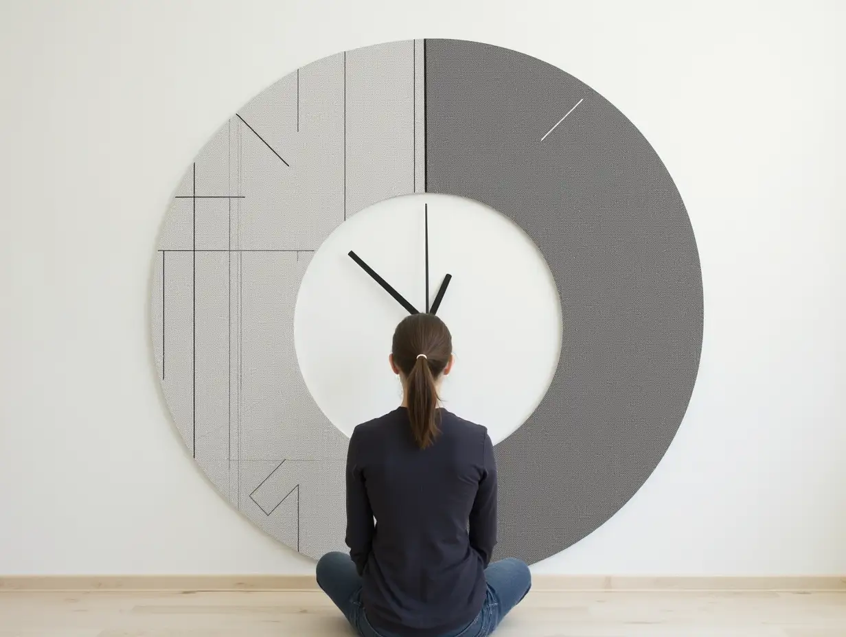 Contemporary-Gray-Space-Line-Art-Wall-Clock-with-Young-Woman-Contemplating-Psychology