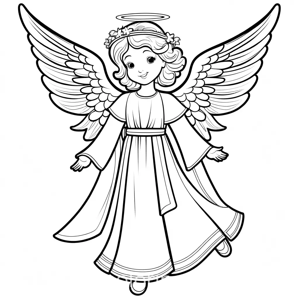 a joyful angel, Coloring Page, black and white, line art, white background, Simplicity, Ample White Space. The background of the coloring page is plain white to make it easy for young children to color within the lines. The outlines of all the subjects are easy to distinguish, making it simple for kids to color without too much difficulty