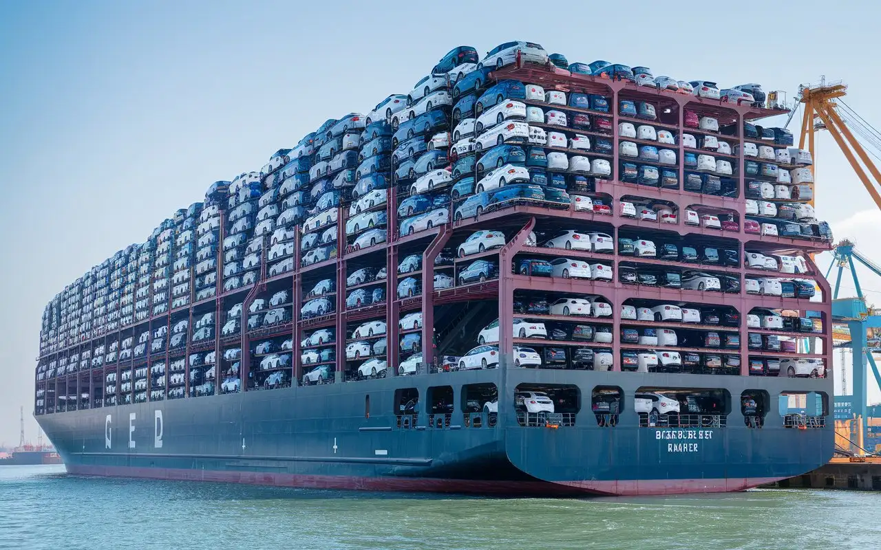 Massive Ship Carrying Thousands of Cars in WellOrganized MultiTiered Structure