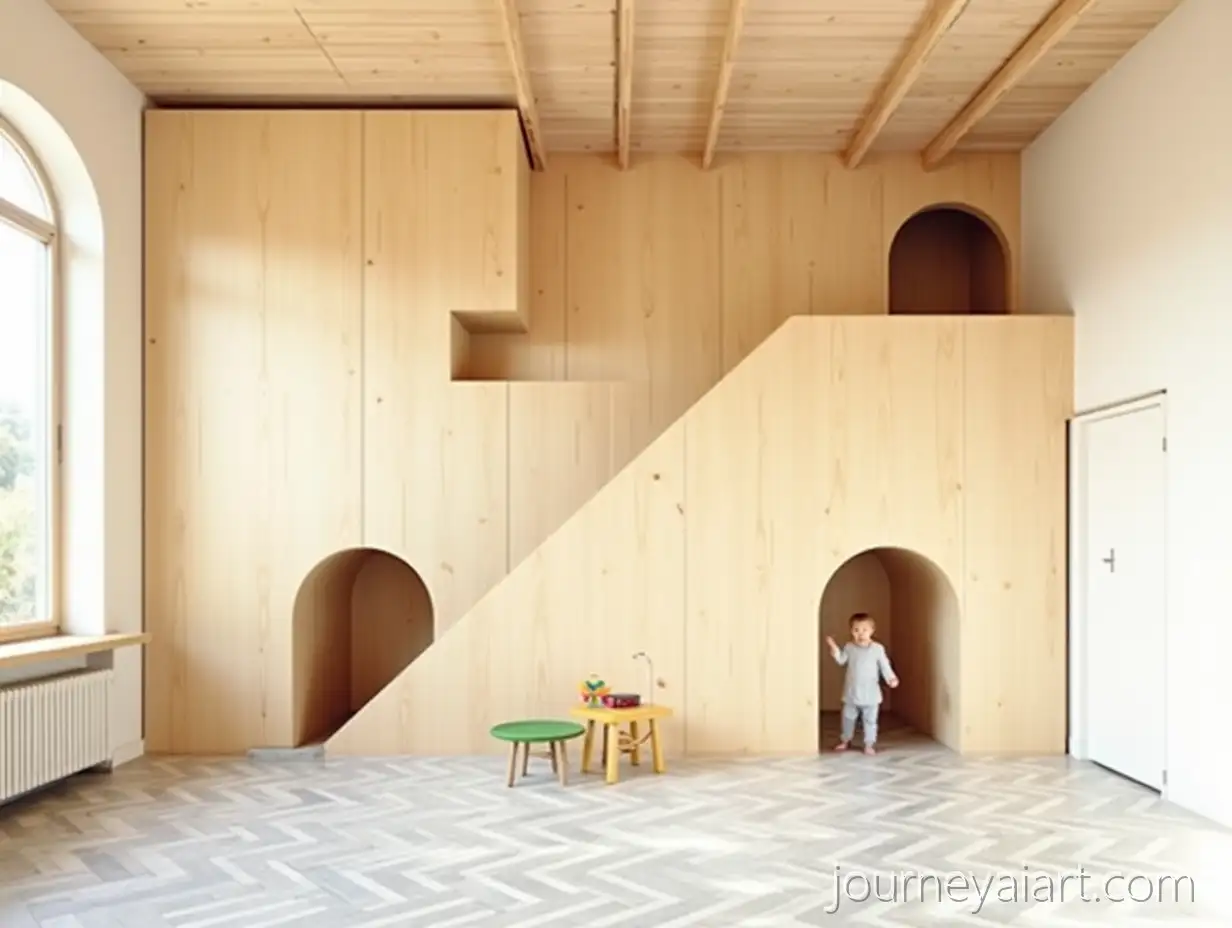 Minimalist-Studio-with-Geometric-StairAI-Image-Prompt-Expansioncase-and-Child-Playing-with-Toys