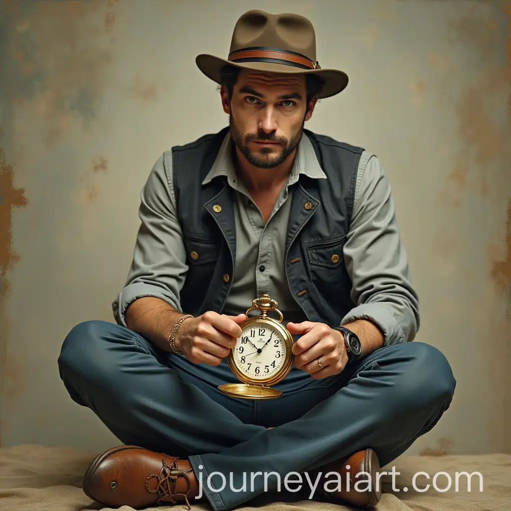 Person-Sitting-on-a-Hat-Holding-a-Big-Pocket-Watch