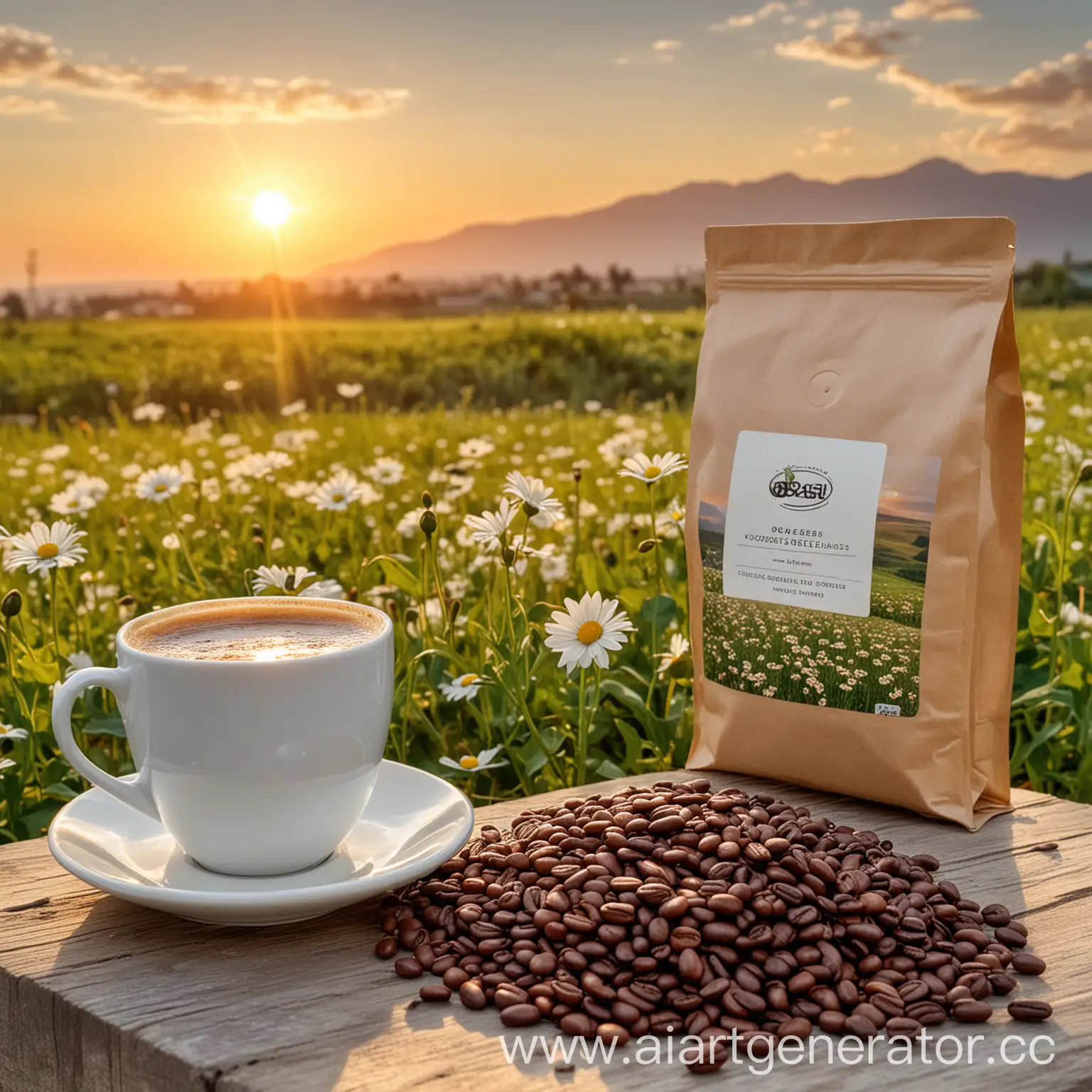 Boasi-Coffee-Beans-with-Hot-Coffee-Against-a-Sunset-Background