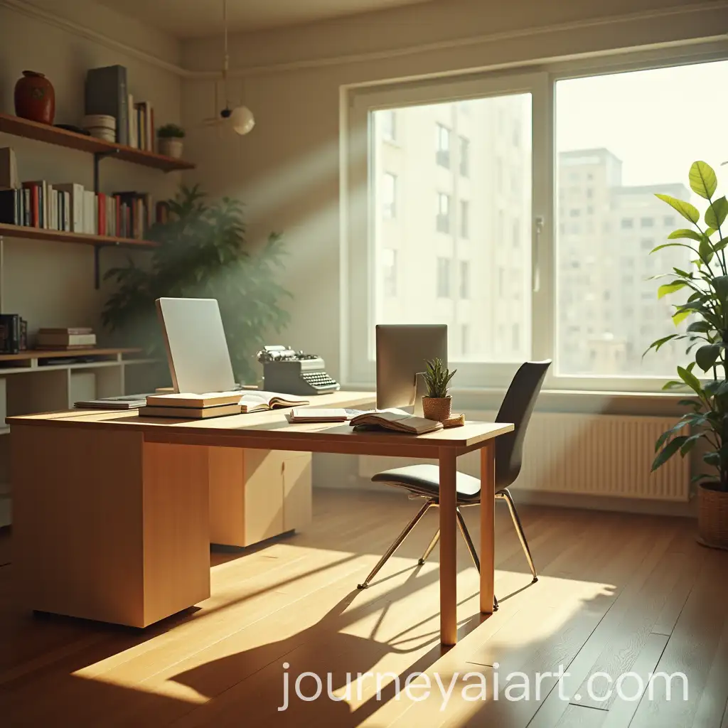 Modern-Office-Desk-with-Computer-Typewriter-and-Books