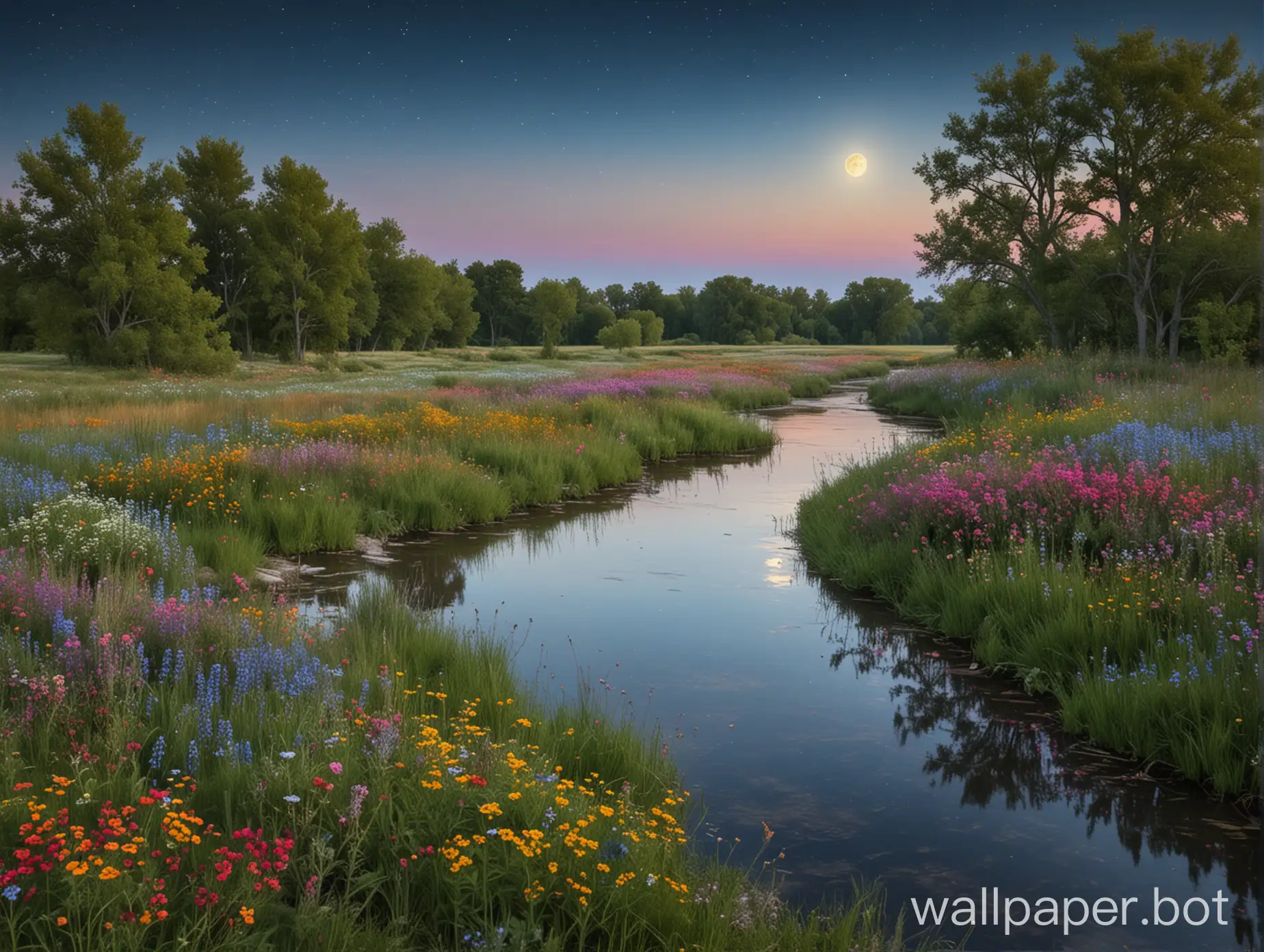 Serene-Natural-Prairie-with-River-Trees-Colorful-Flowers-and-Blue-Moon