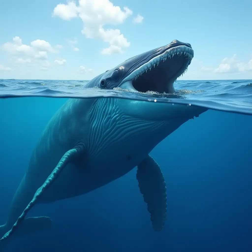 Giant Blue Whale Swimming with Mouth Wide Open