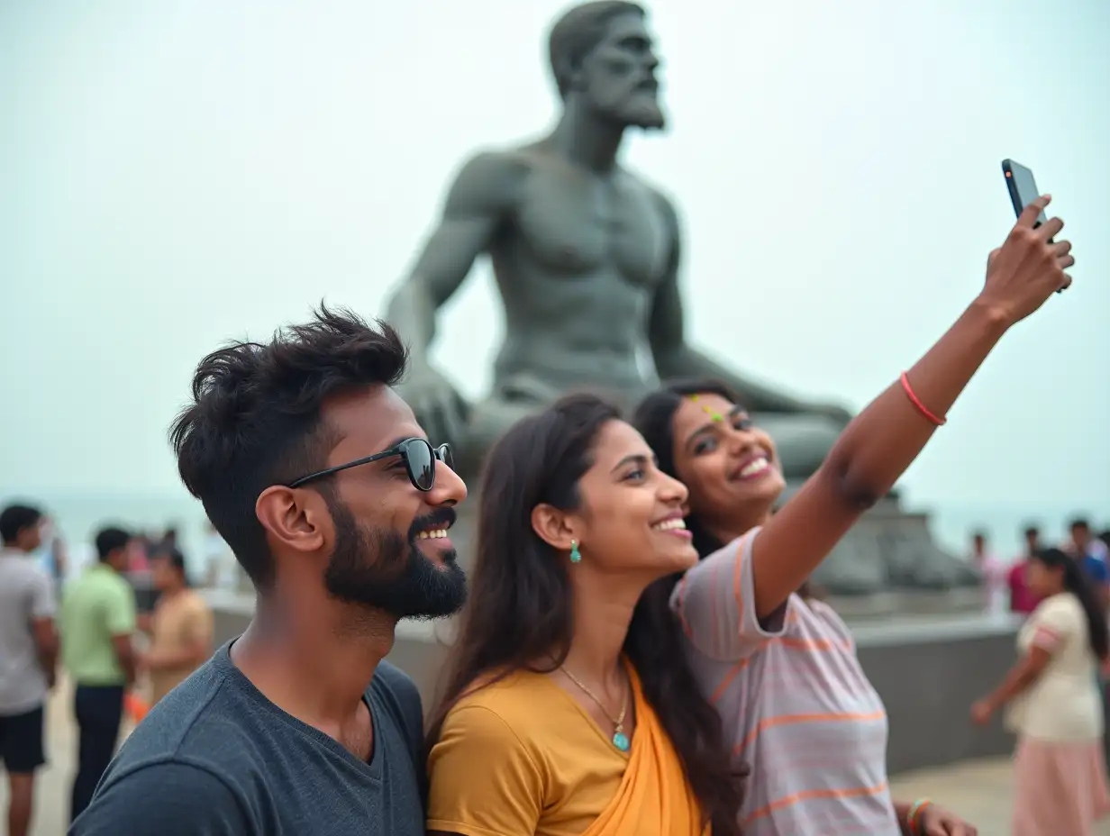 South Indian college students, men and women do selfy on background Thiruvalluvar statue, kanyakumari