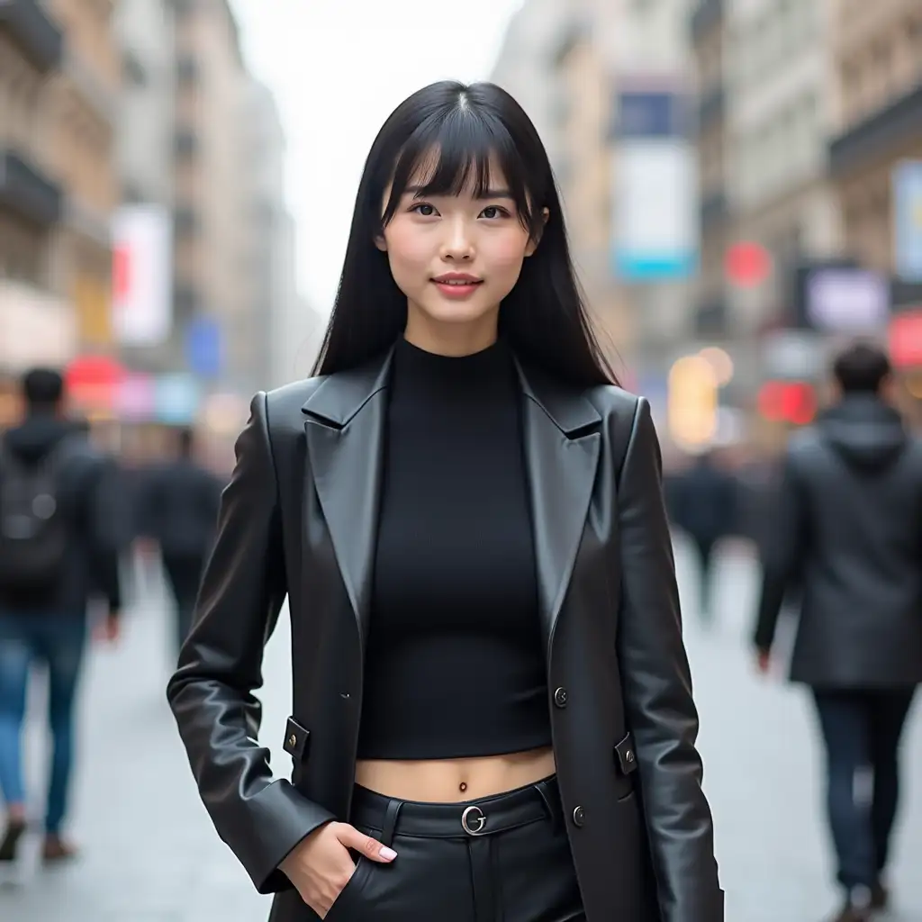 a female, Asian, young adult, slim body, straight black hair, wearing classy clothes, busy street in the background