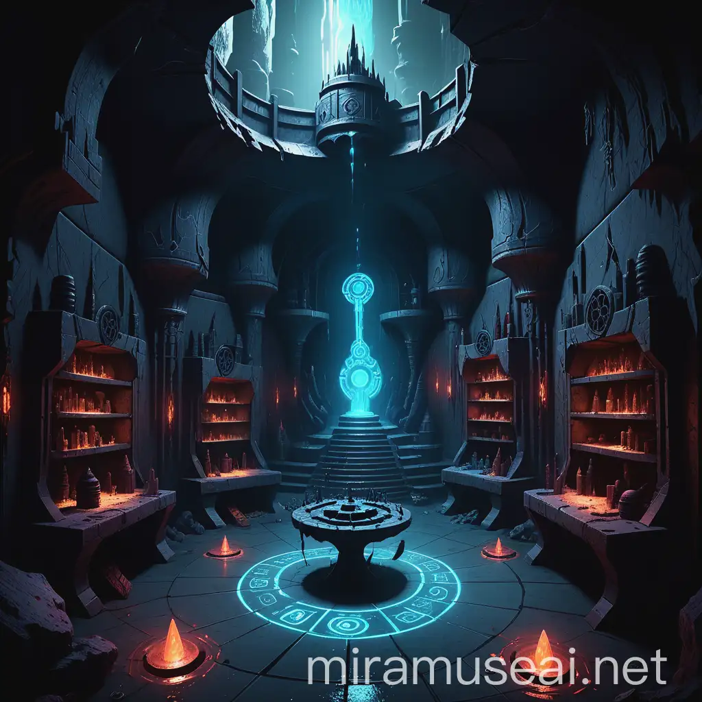 Dark Titan City Underground Magical Laboratory with Ancient Artifacts and Mysterious Rituals