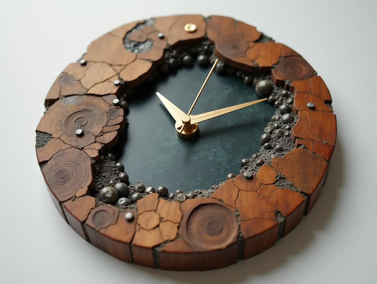 Clock made of resin mixed with wood, stone metal mutten, screws silver black, gold