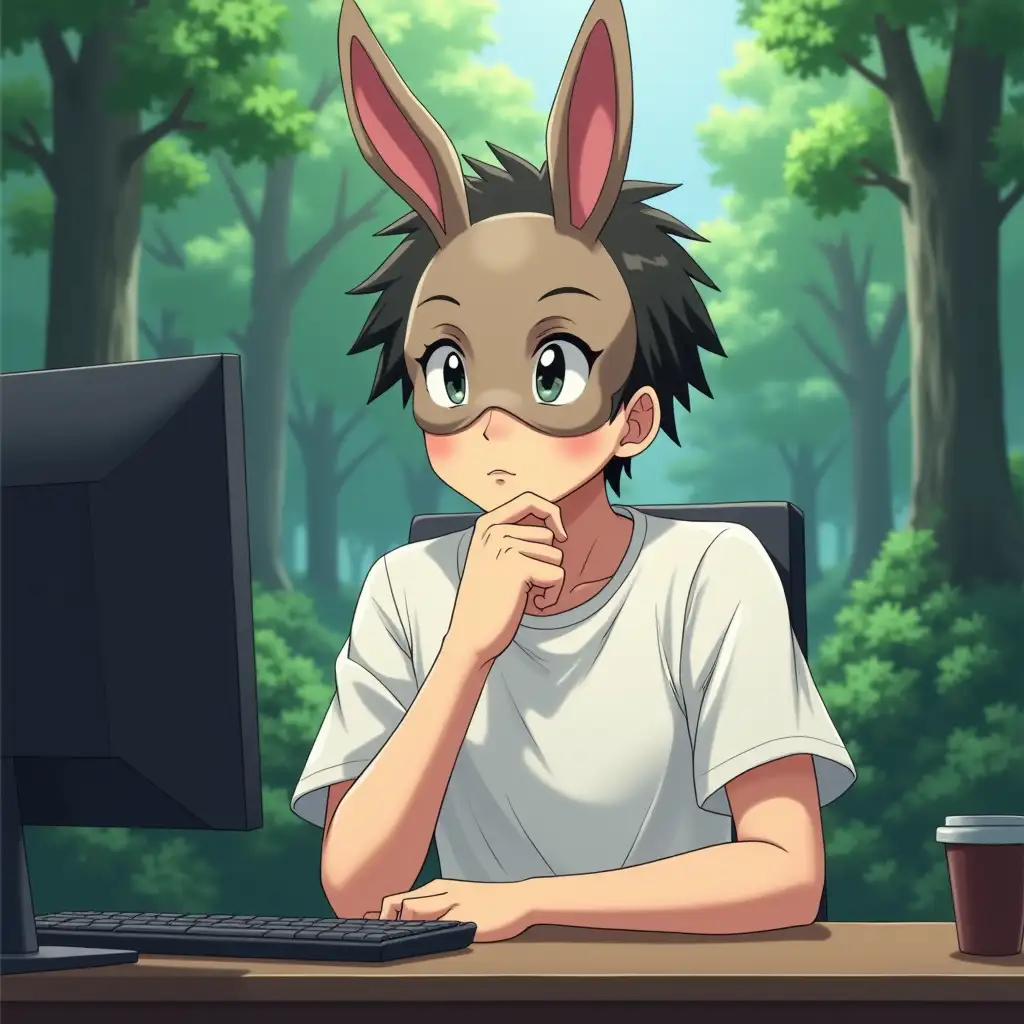 A boy in a white t-shirt is sitting at his desk in front of a computer. There is forest around him. He is wearing a mask of a rabbit on his face. He is thinking and rubbing his chin. Anime style.