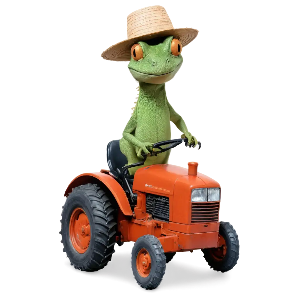 Lizard with a hat driving a tractor