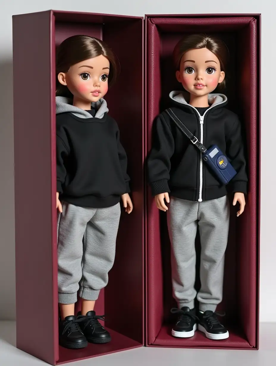The doll should be premium class, standing straight and with a relaxed face. The hair should reach the waist, slim figure (slightly skinny). Clothing on the doll: (gray sweatpants, black oversize jacket with gray hood, black sneakers). Accessories are placed side in a box (dark blue vape xros, white cat with gray stripes and shoulder cross-body bag black. The package itself should be burgundy color