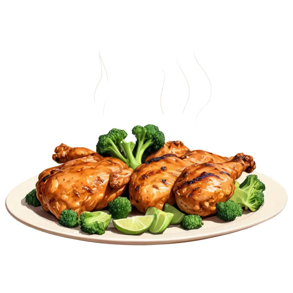 cartoon image of a plate of grilled chicken with some broccoli and steaming hot