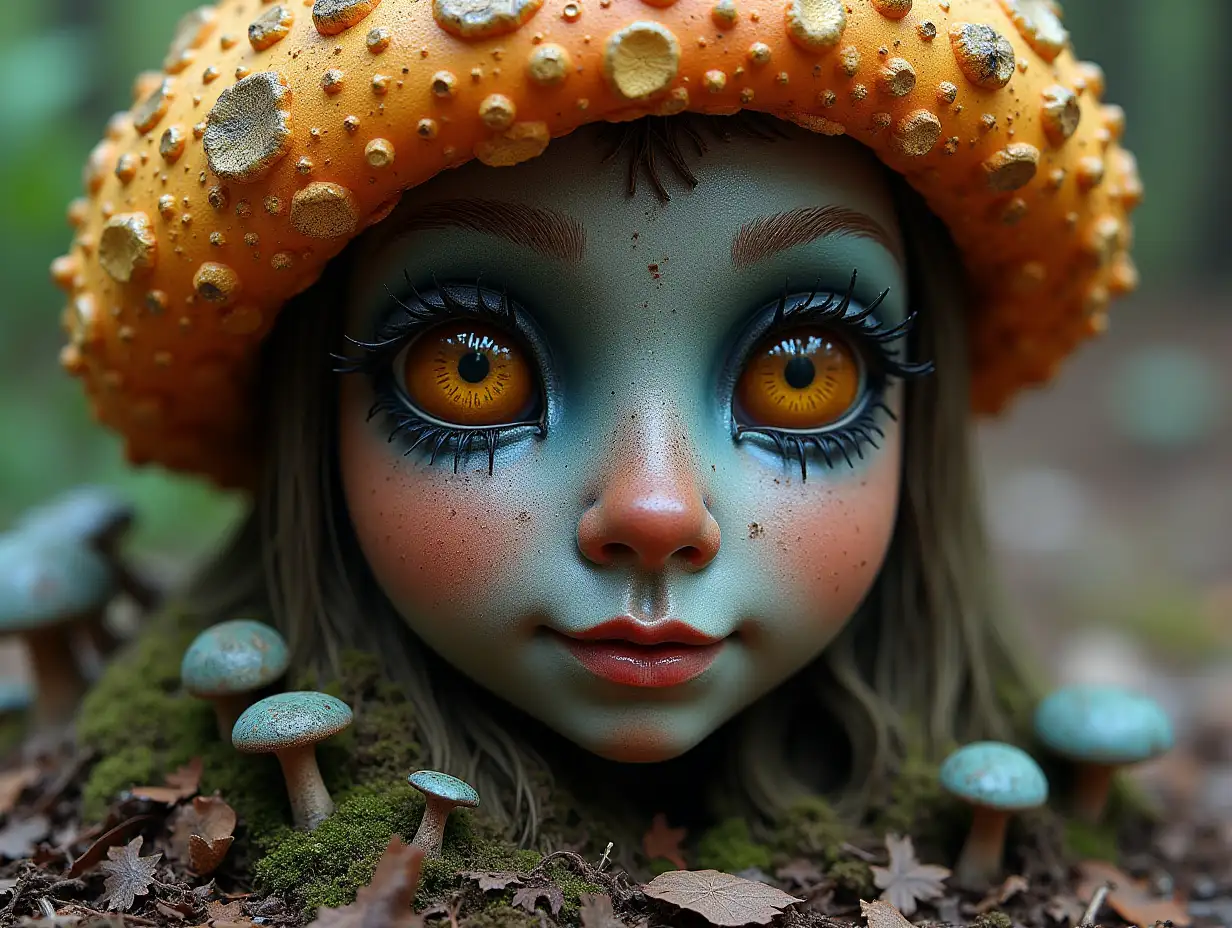 Face with blue Fly AgaricnRoots turned into building