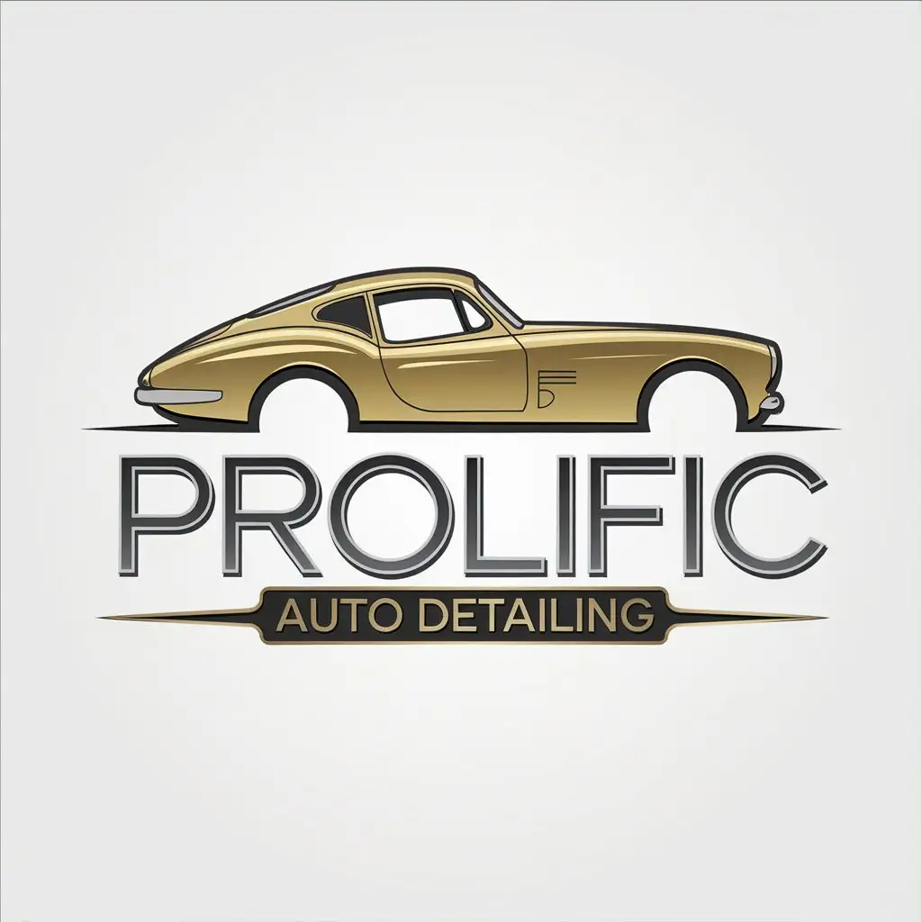 LOGO Design for Prolific Auto Detailing Sleek Gold Classic Car Silhouette with Modern Metallic Silver Text