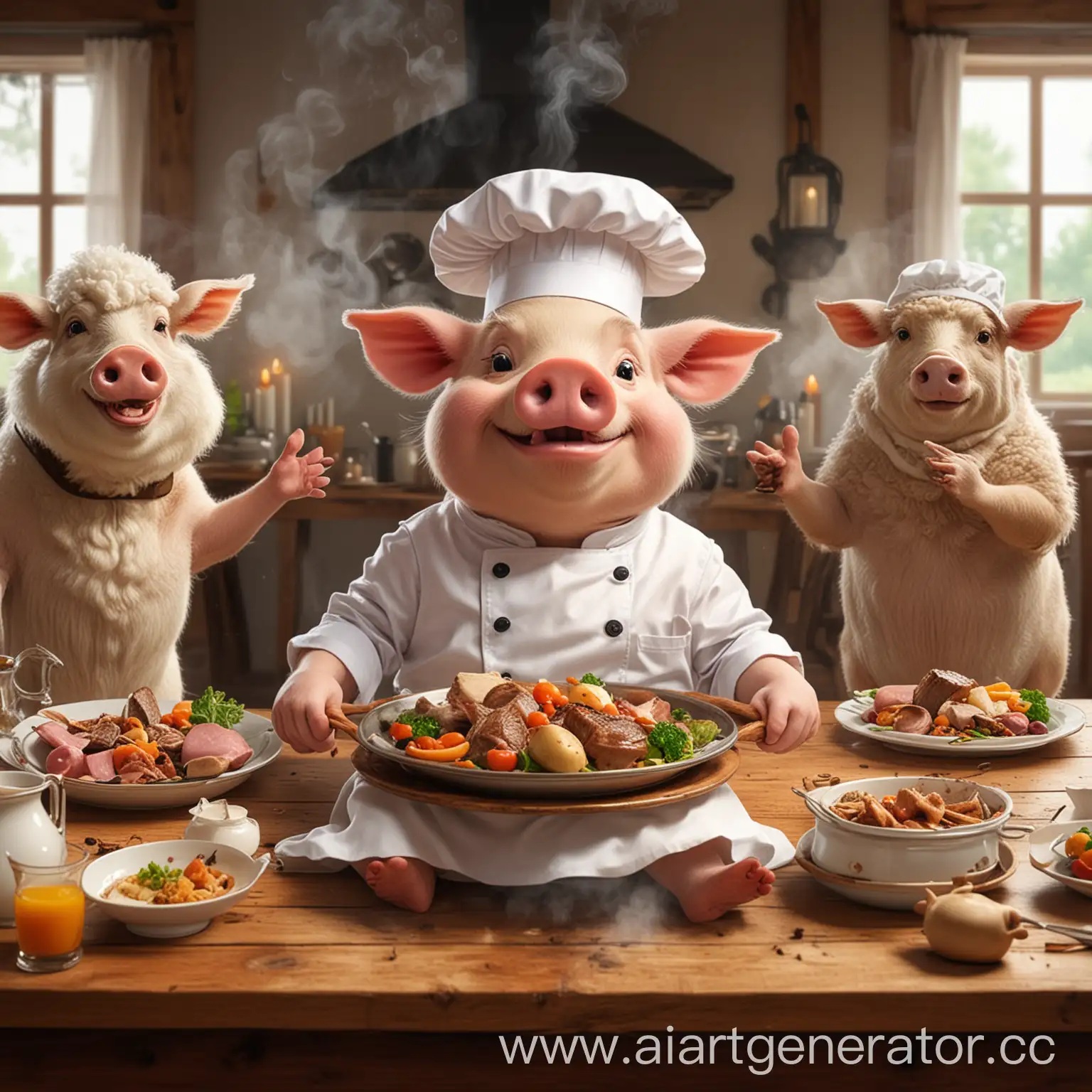 Animals-Enjoying-a-Gourmet-Feast-at-a-Wooden-Table