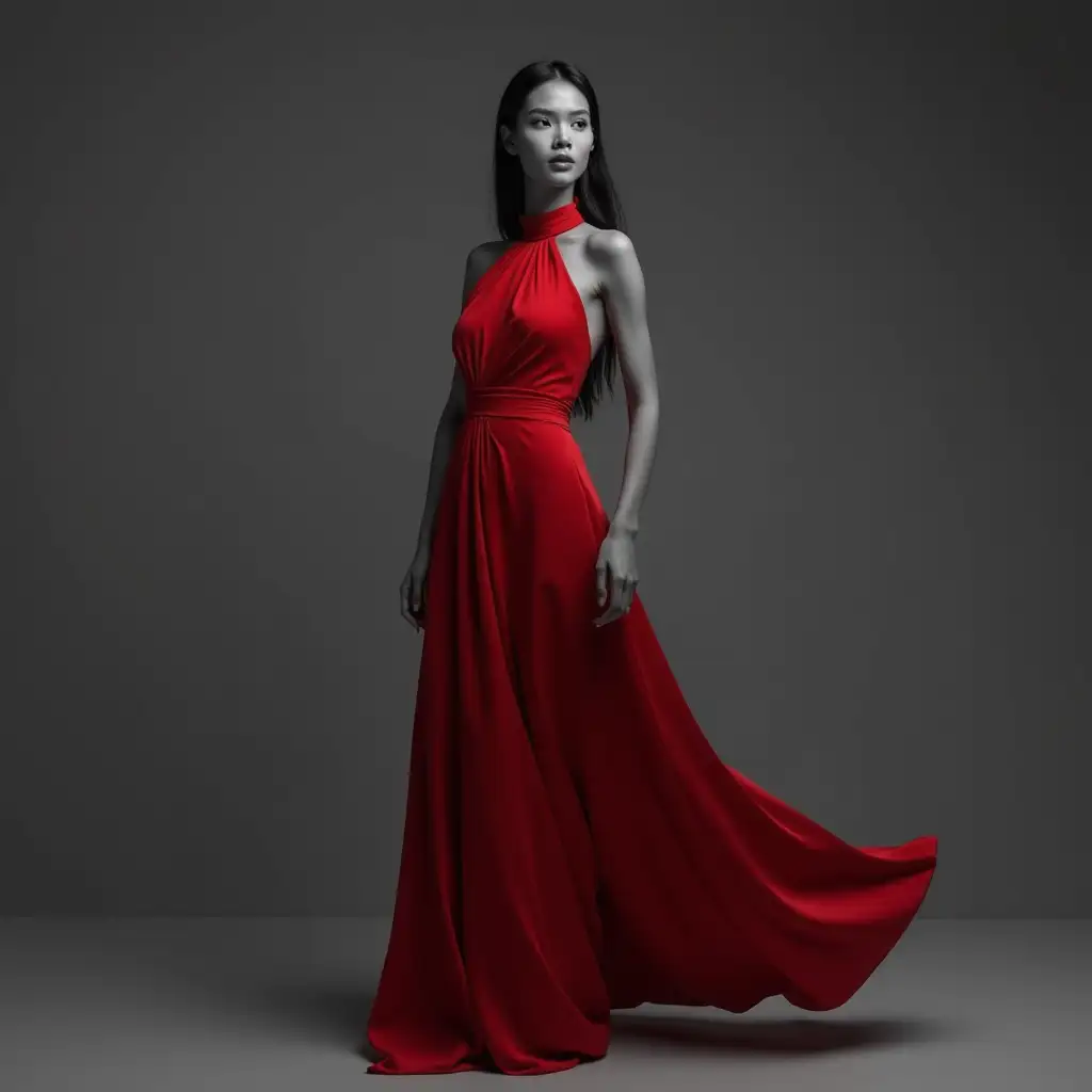 Fashion Photography: Full body shot of an beautiful Indonesian woman wearing a red sleeveless long dress with a high neckline. ((Black and white are shown on the woman's skin and surroundings)), except for the red long dress. Grayscale background. Ultra HD 64k. Octane rendering style. Raw